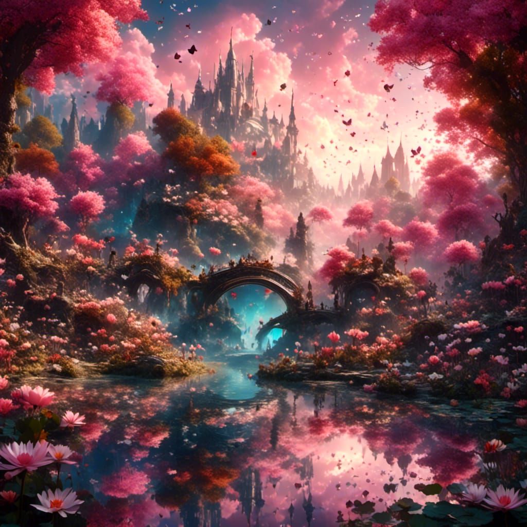 Water Lilies and Pink Sky: A Fantasy Landscape