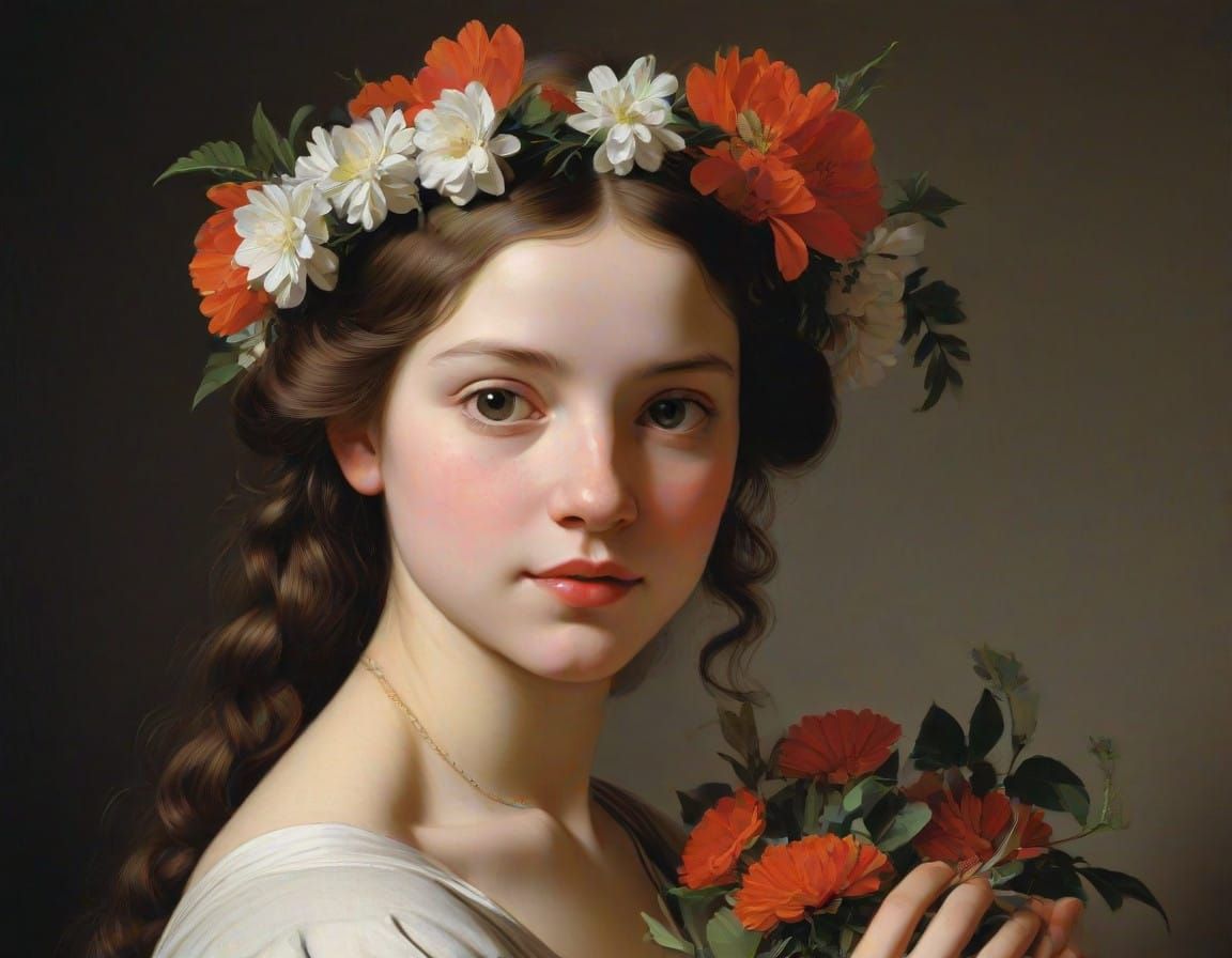 Baroque Portrait of a Young Girl in a Flower Wreath