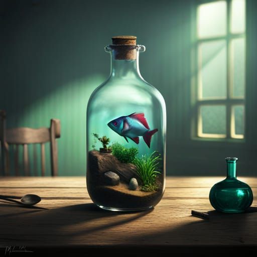 fish in a bottle on a table