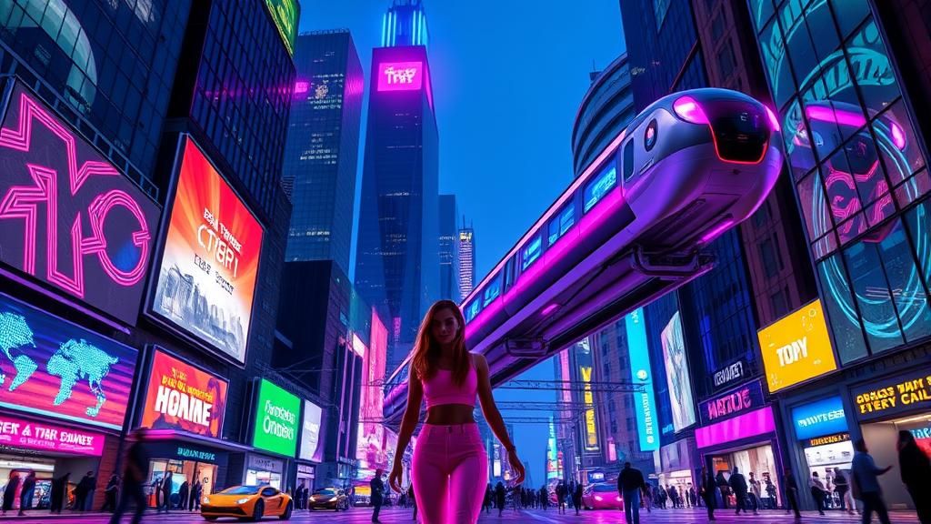 Cyberpunk Woman in Neon Cityscape at Night