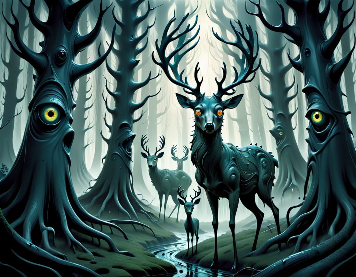 Surreal Dark Forest with Malevolent Eyes and Deformed Deer
