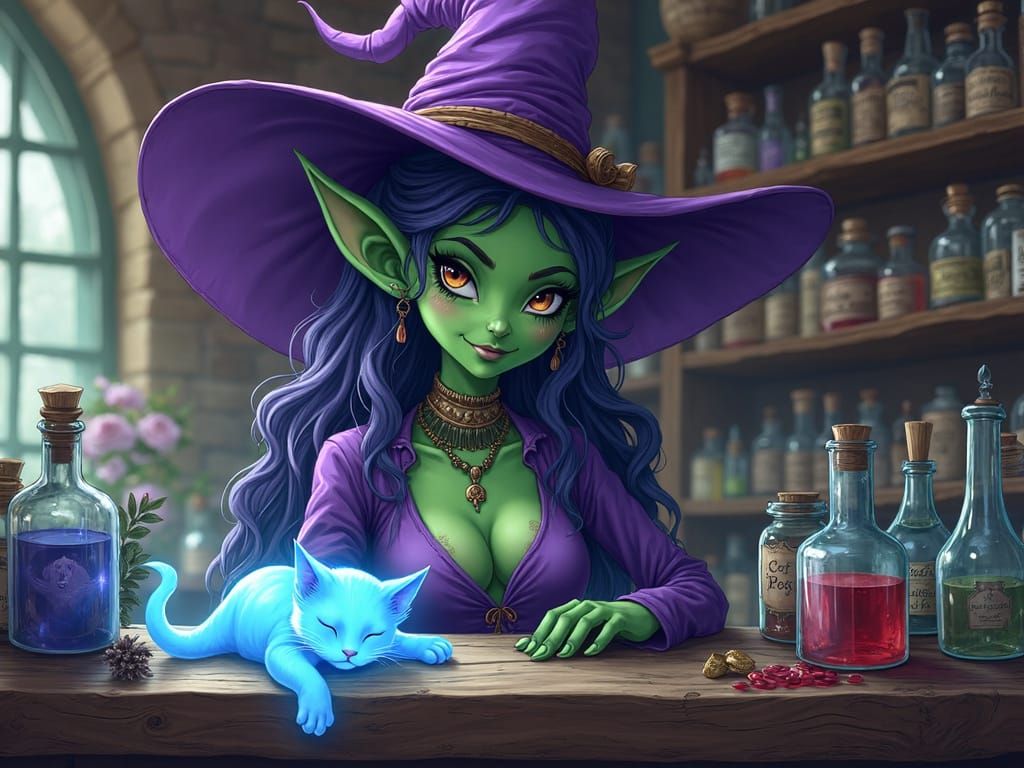 Fantasy Anime Goblin Witch in Apothecary