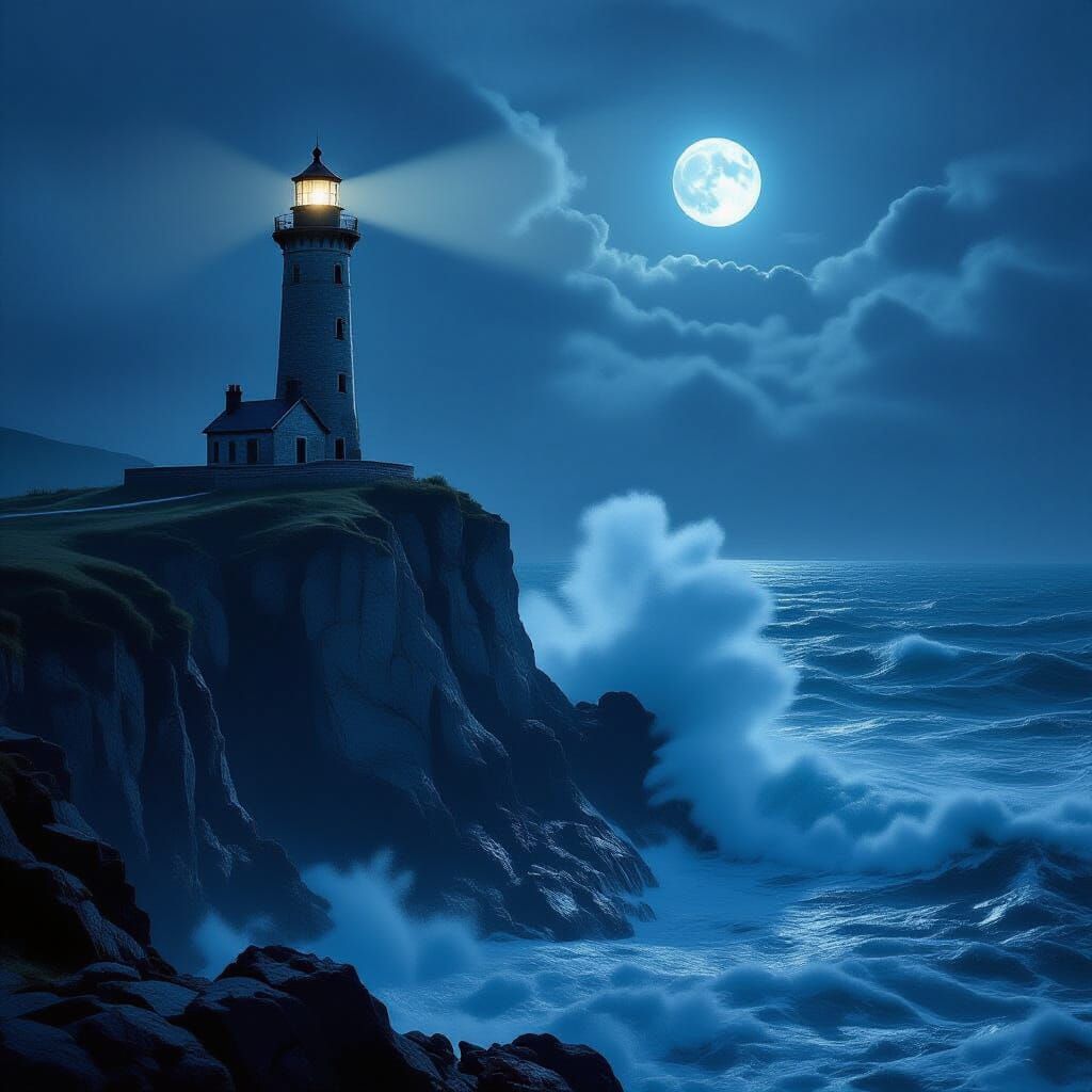 Ancient Lighthouse on Moonlit Cliff Overlooking Turbulent Se...