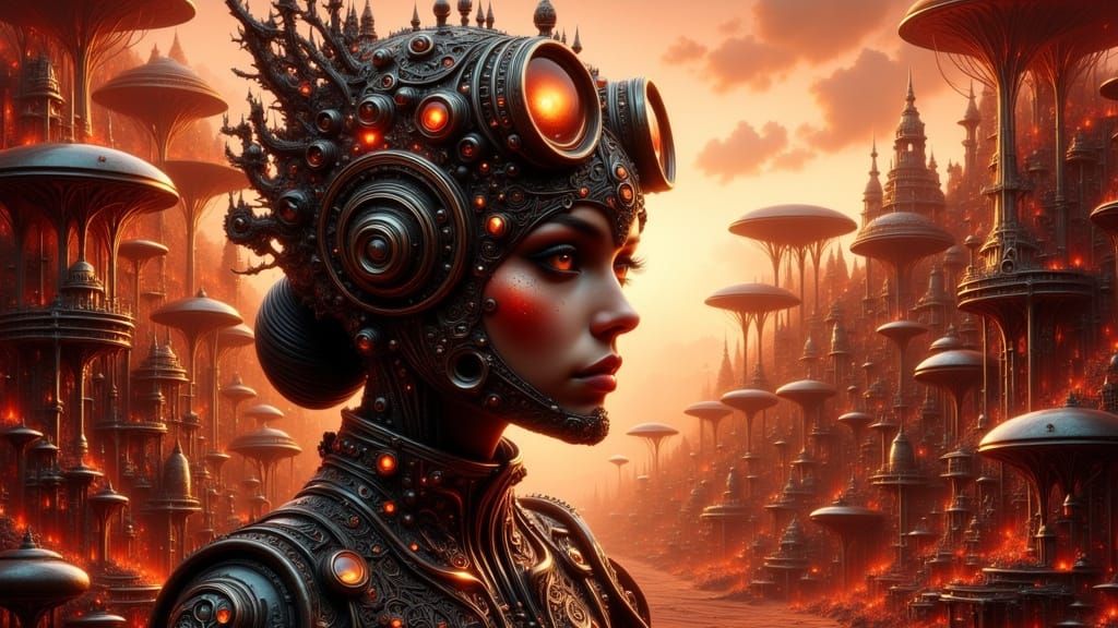 Steampunk Victorian Woman on Mystical Mars Landscape