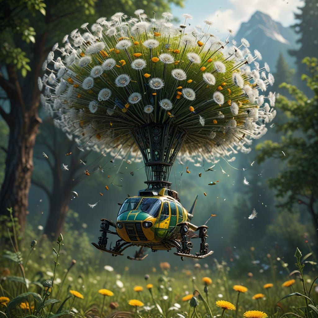 Whimsical Tilt-Shift Dandelion Helicopter in Realistic Styli...