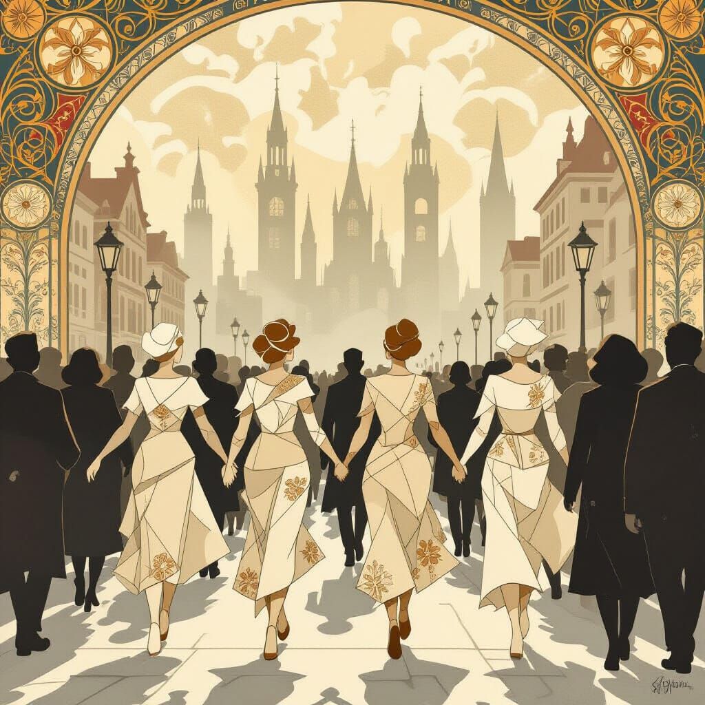 Art Nouveau Paper Figures in Stylized Cityscape