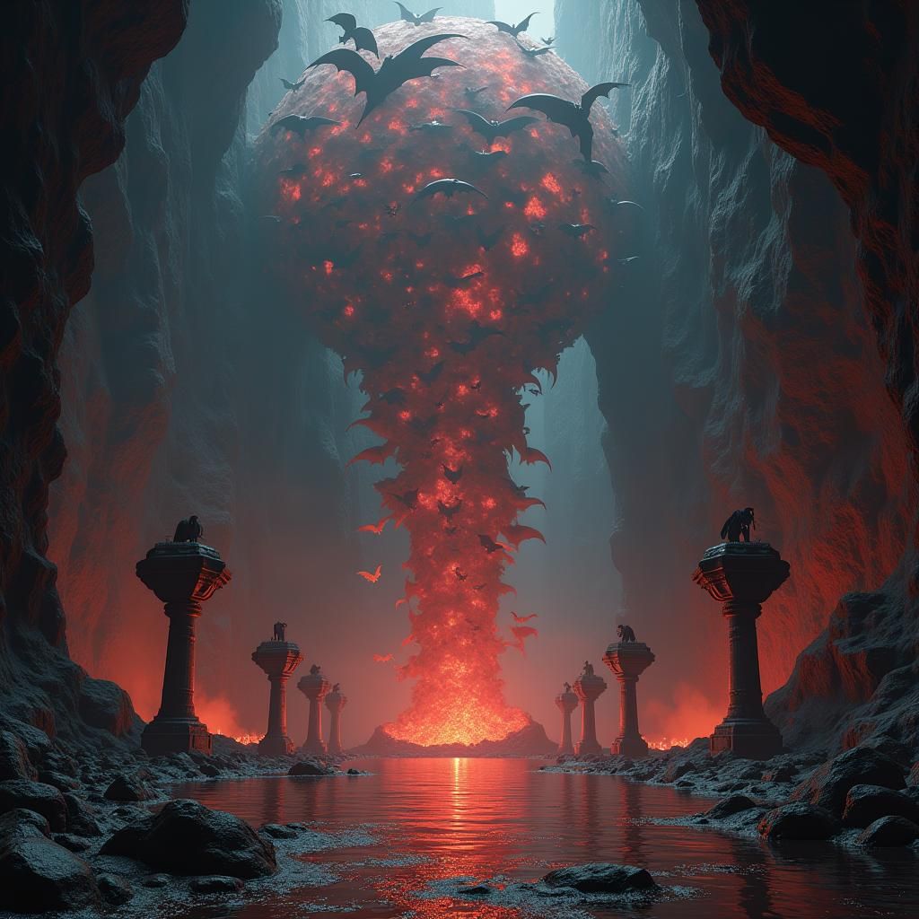 Hellish Bats in Macabre Fantasy Landscape