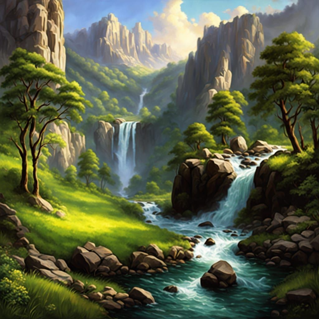 Serene Valley Landscape in Hyperrealistic Digital Painting S...