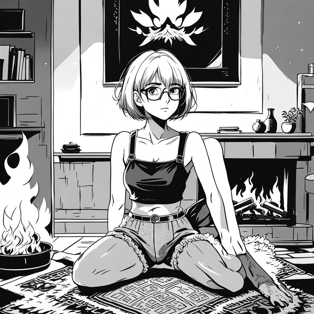 Anime Style Woman Watching Fireplace