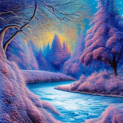 Winter River Scene in Gouache Watercolor Style