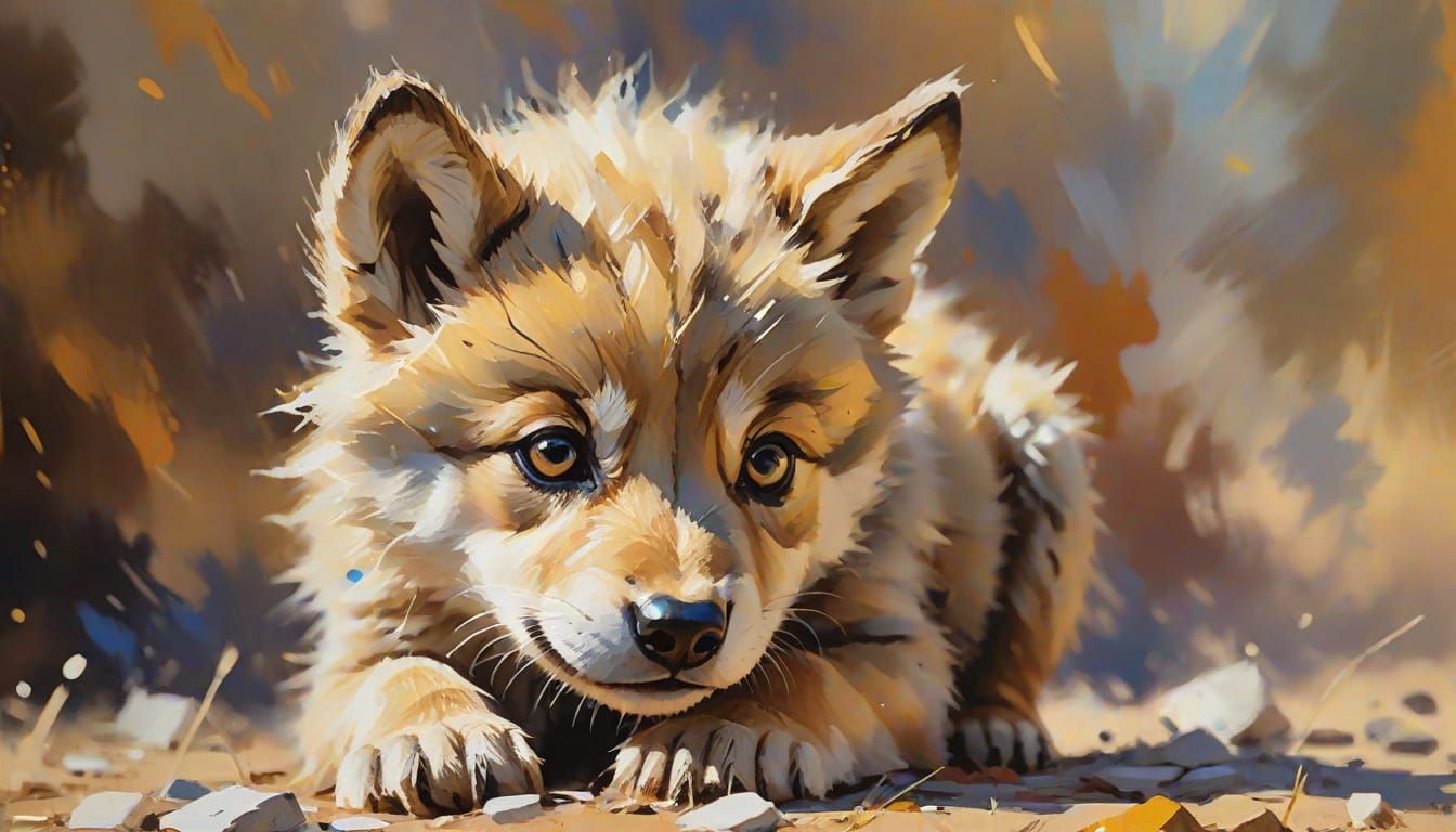 Abstract Impressionist Wolf Pup in Gouache Style