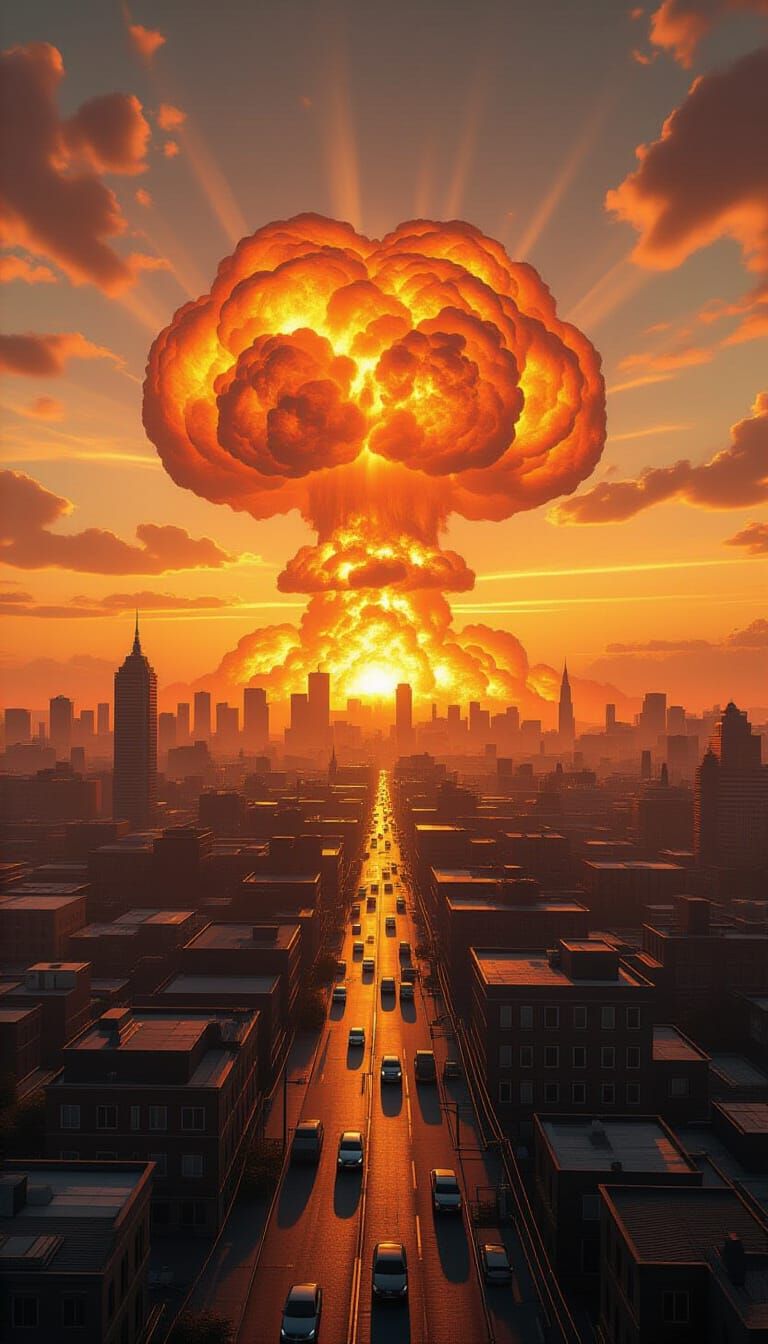 City Engulfed in Nuclear Blast's Golden Hue