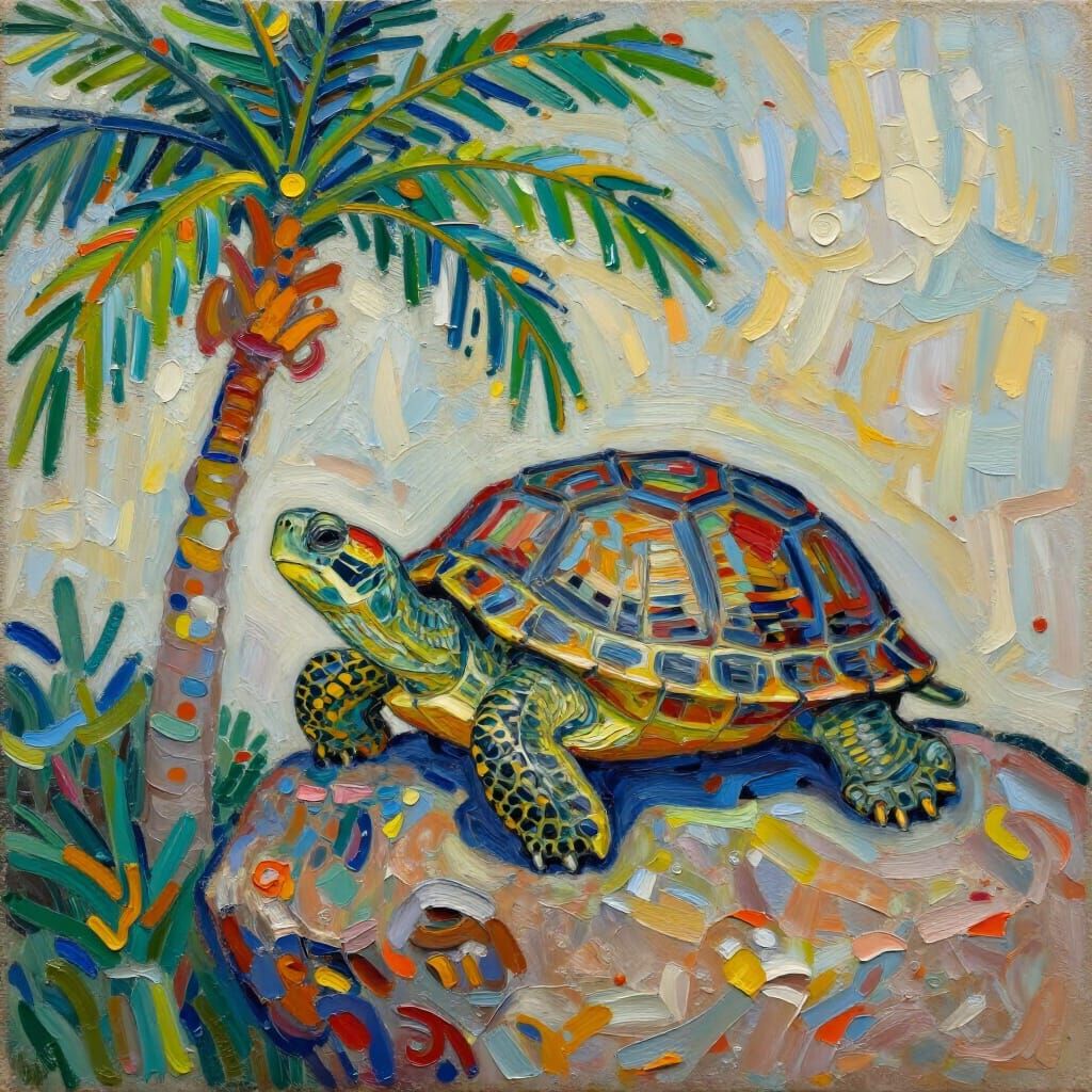 Impasto Painting of Turtle by Palm Tree