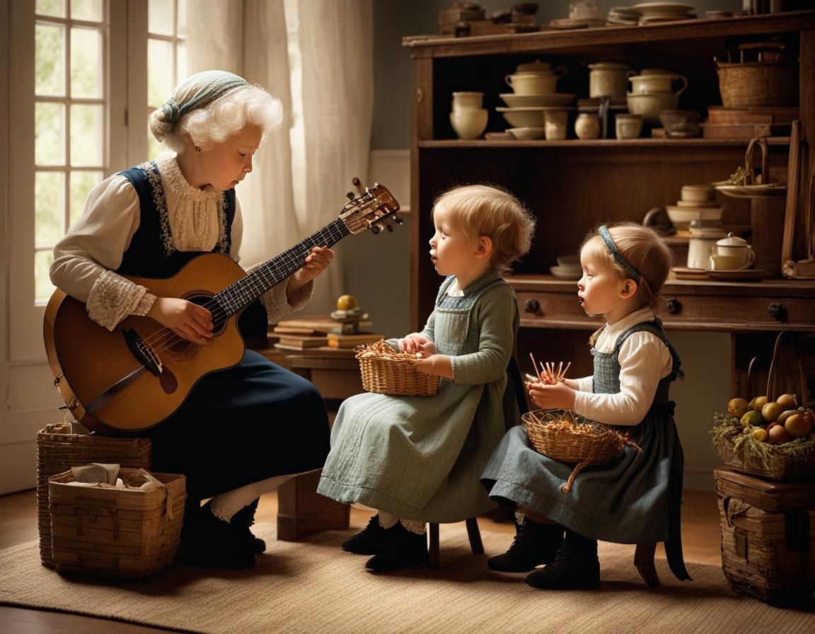 Toddler Siblings Sing Birthday Song: Intricate Illustration