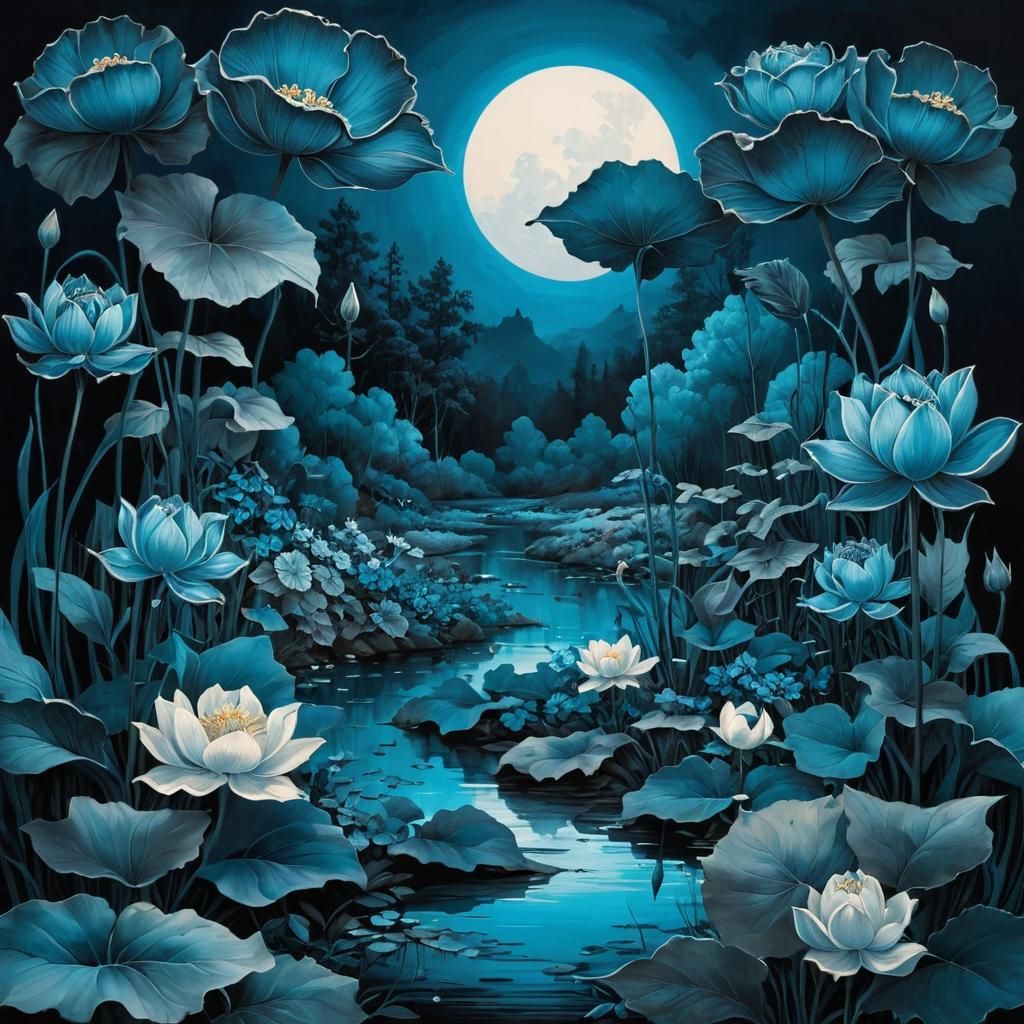 Blue Flower Landscape in Baroque Art Nouveau Style
