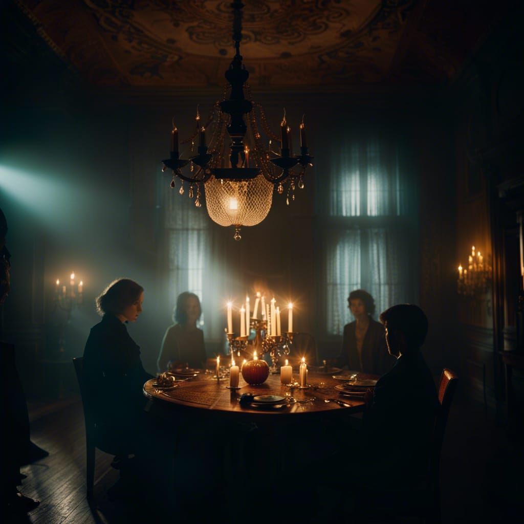 Haunted House Interior with Ghostly Apparitions