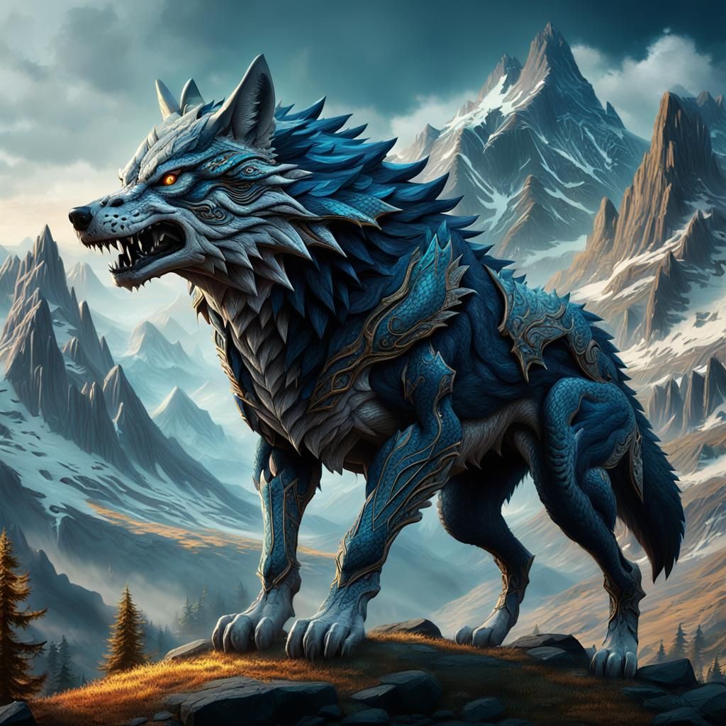 dragon wolf hybrid; realistic hd 4k; mountain background