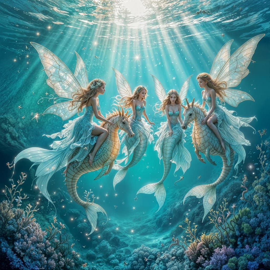 Fairy Mermaid Hybrids Riding Seahorses in Enchanted Ocean