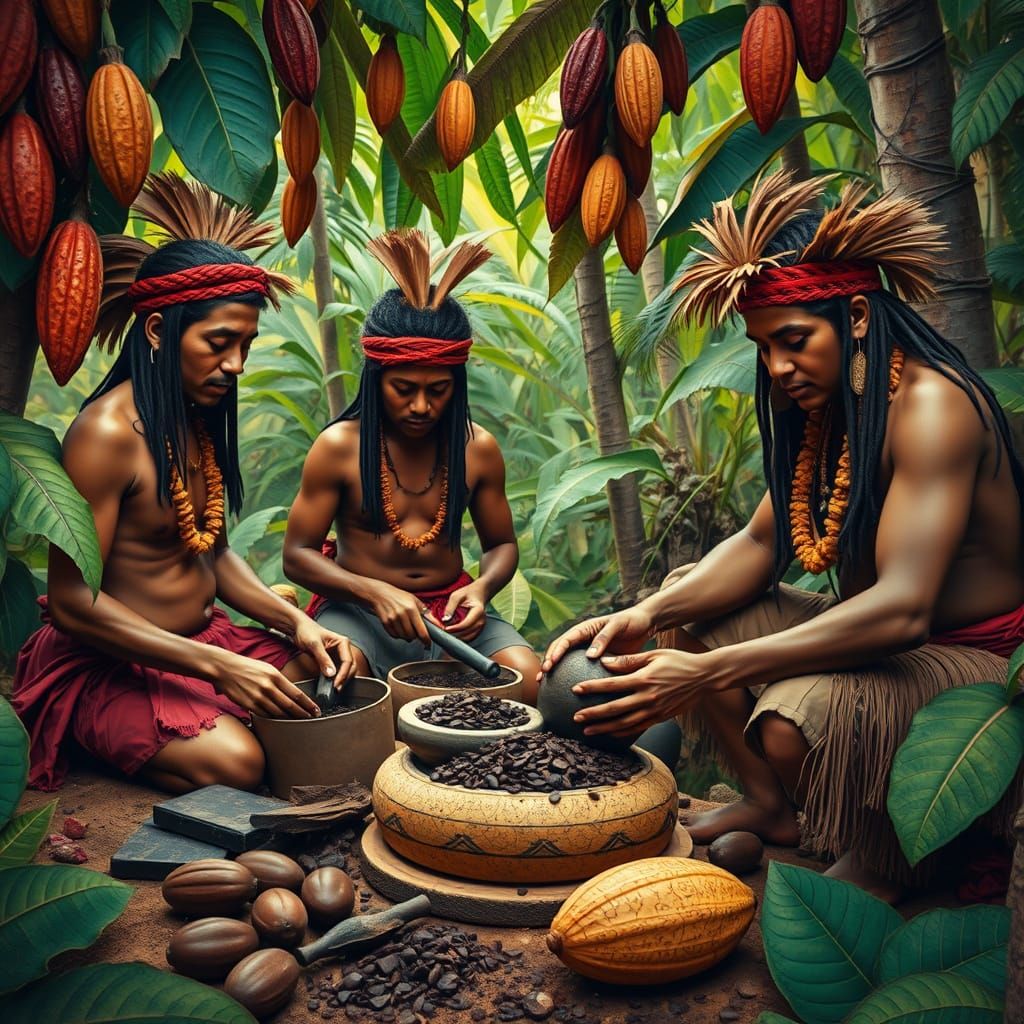Olmec People Preparing Chocolate in Ancient Jungle
