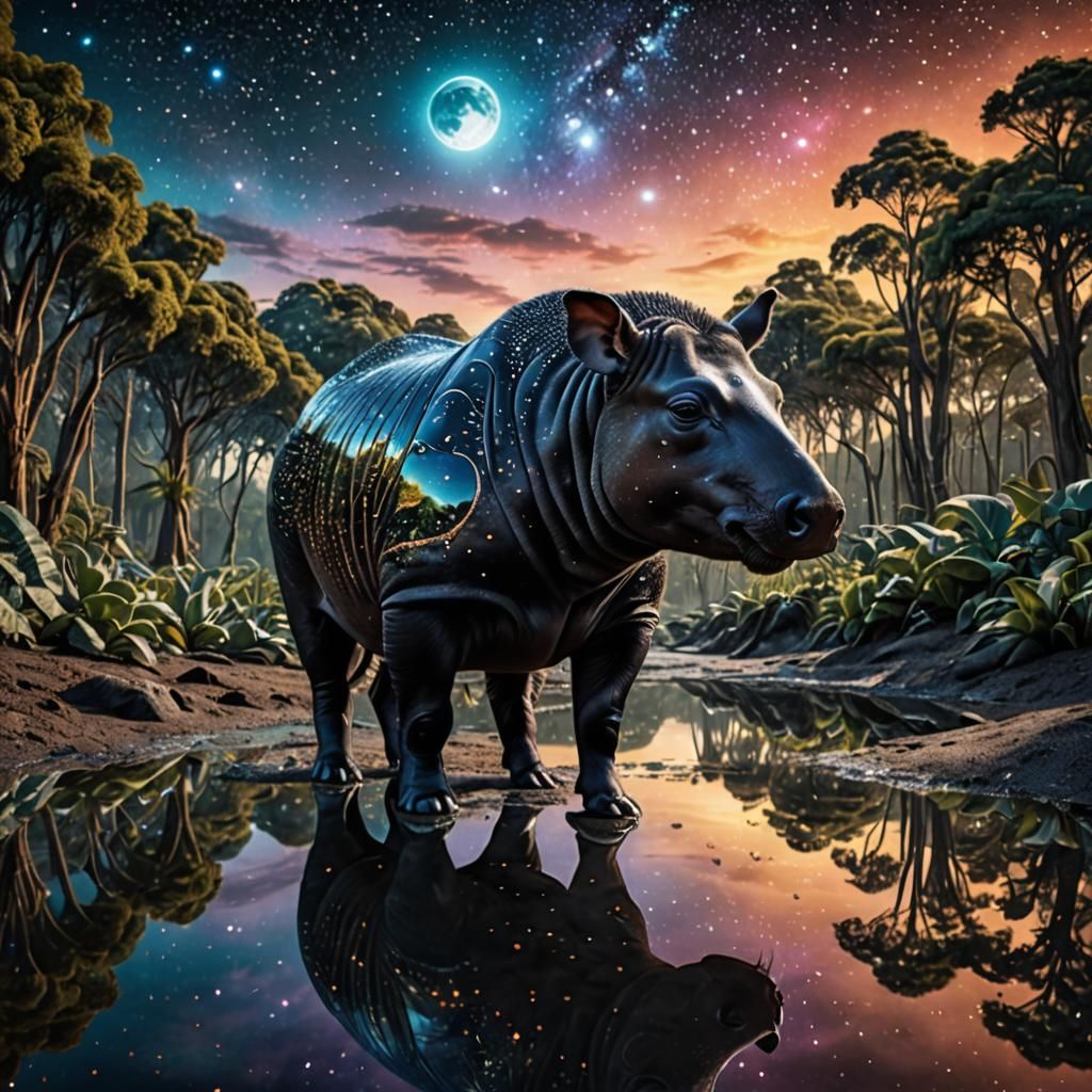 Tapir in Mirrored Alien Landscape: Mixed Media Art