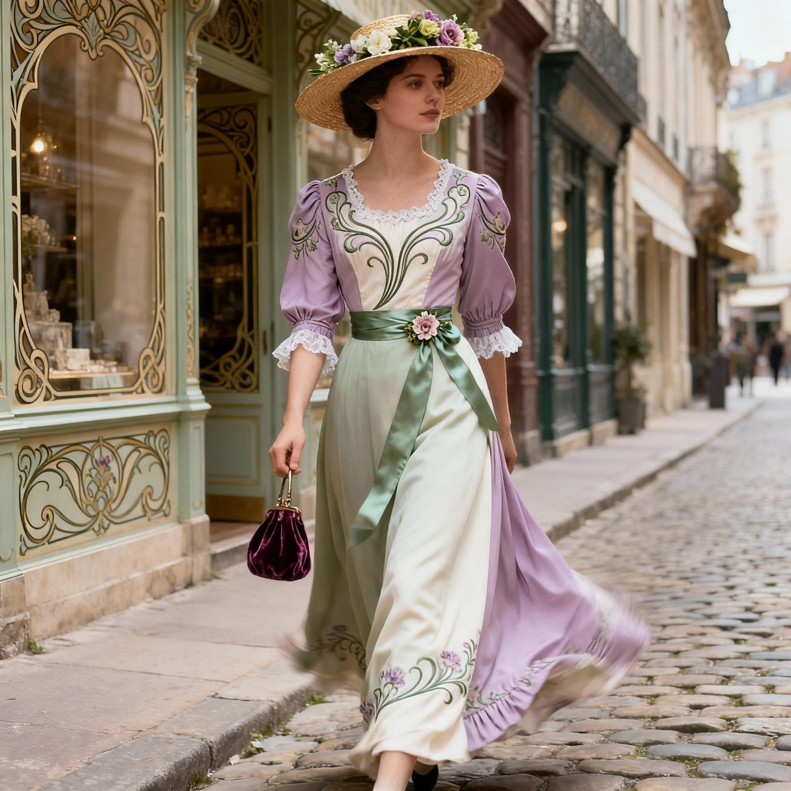 Art Nouveau Belle Epoque Woman in Town Walking Dress