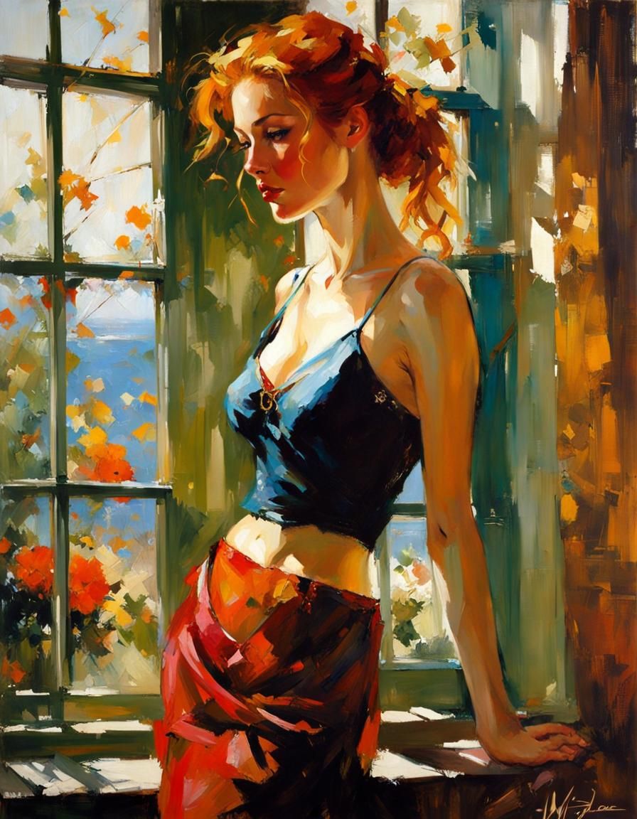 Enigmatic Ginger Woman Portrait in Mixed Styles