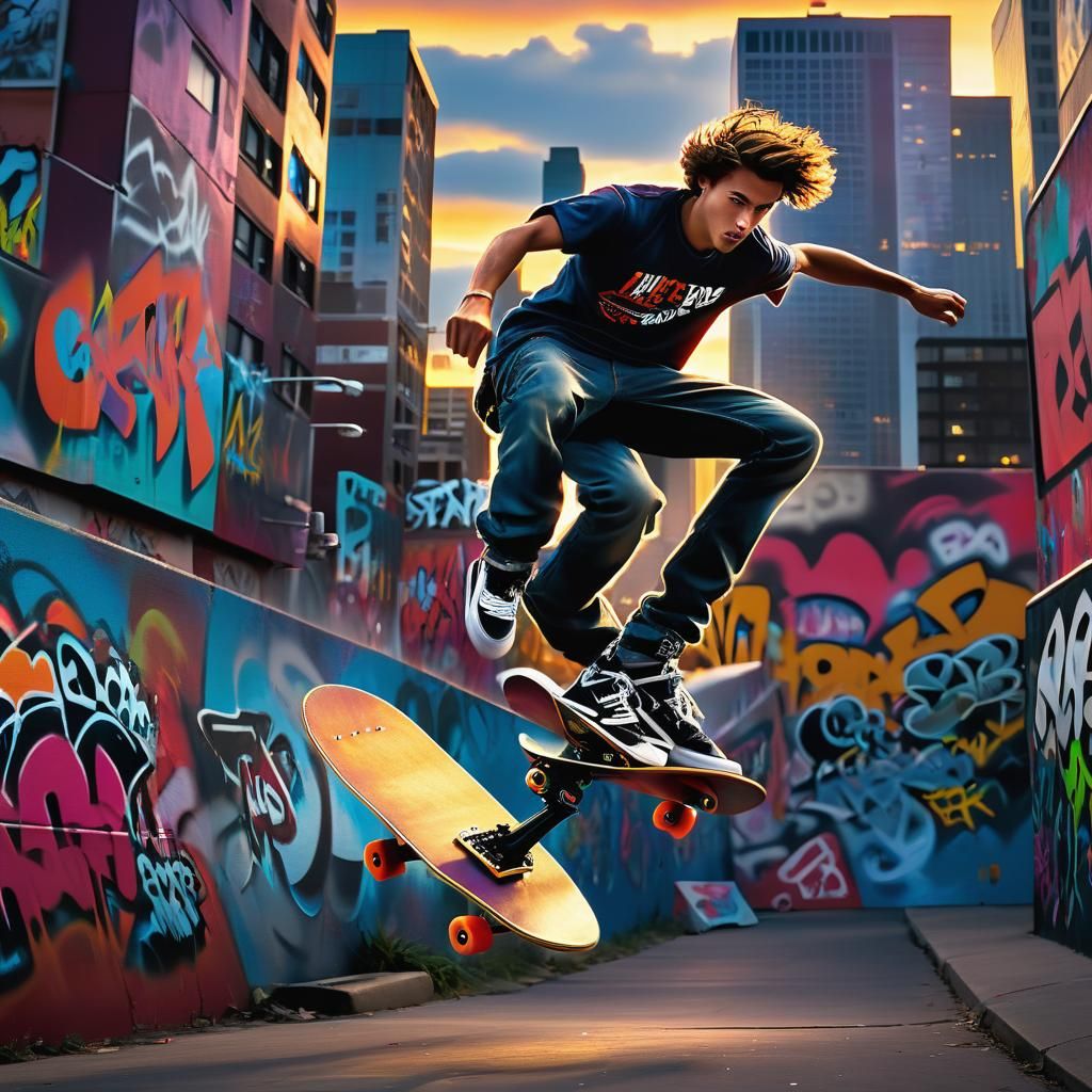 Skateboarder Kickflip at Dusk, Hyperrealistic Urban Scene