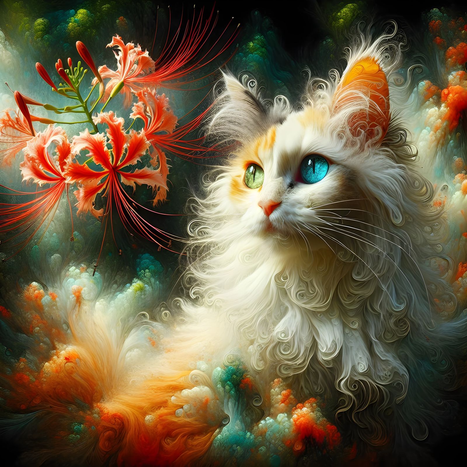 Heterochromatic LaPerm Cat in Jungle Setting