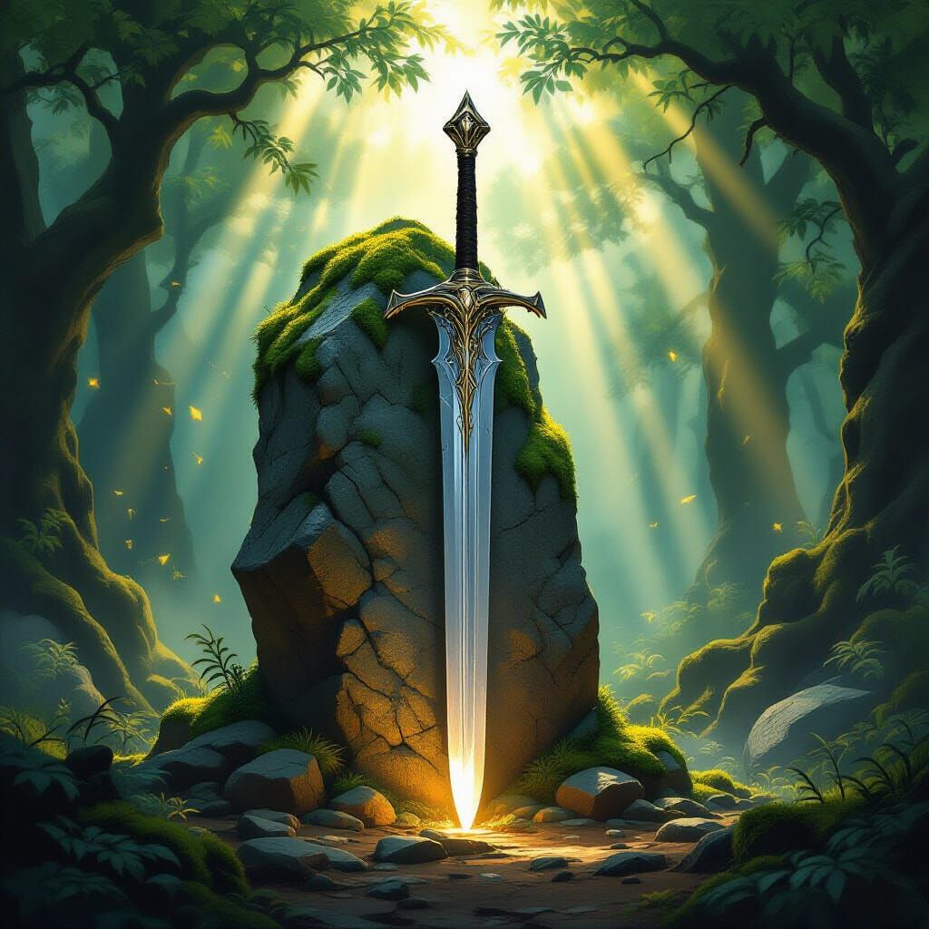 Legendary Sword in Stone in Mystical Forest