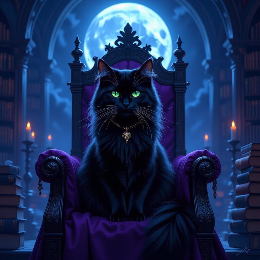 Majestic Black Cat on Medieval Throne in Moonlit Chamber