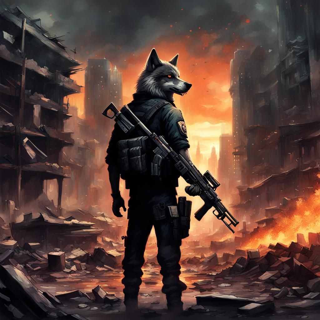 Wolf Vigilante in Post-Apocalyptic Cityscape