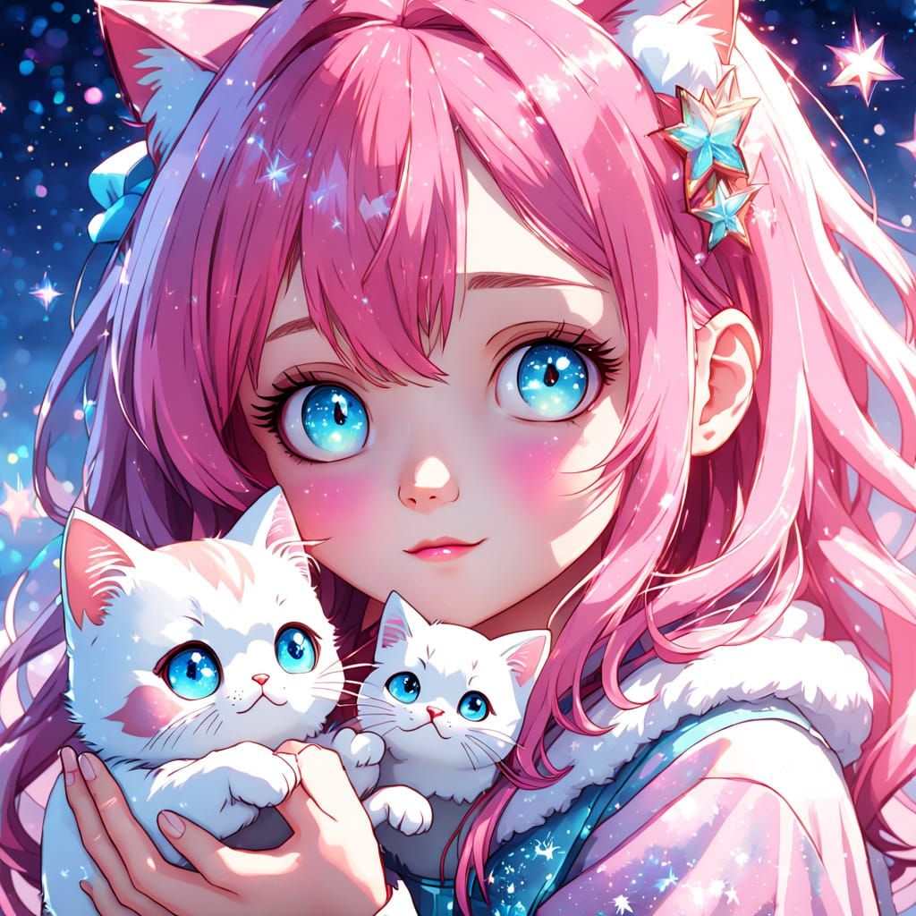 Beautiful Anime Girl with Kawaii Cat in Pastel Colors