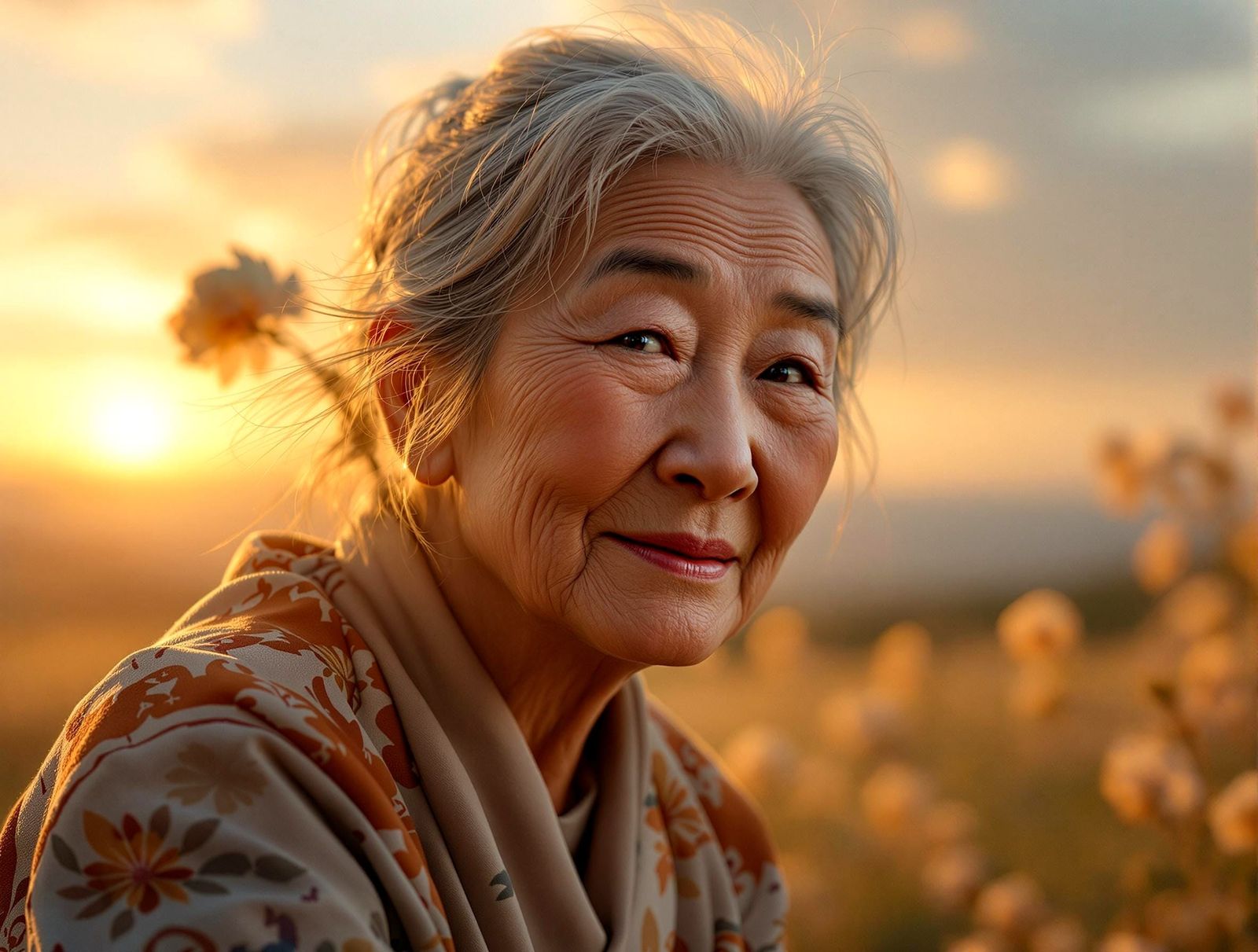 Chinese Grandmother Contemplates Sunset in Vibrant Spring Va...