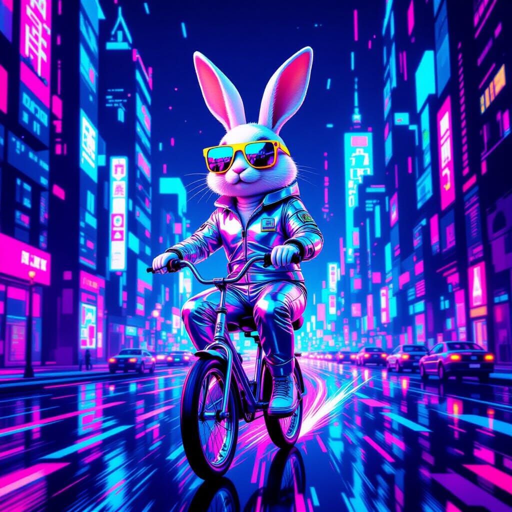 Retro Bunny on Unicycle in Neon Pixel City