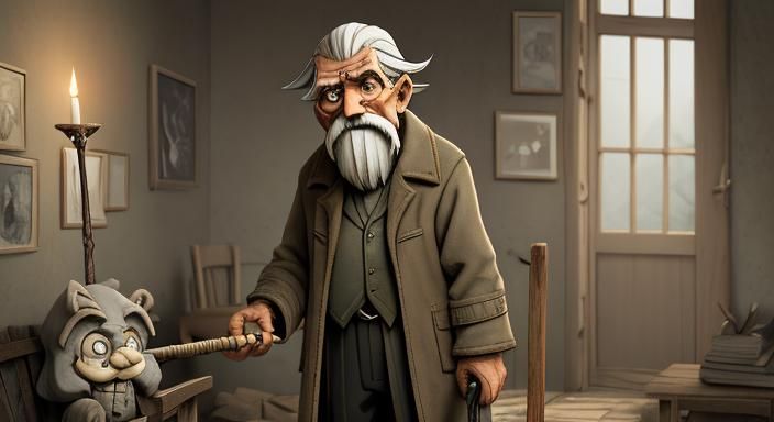 Weary Elderly Man in Cartoon Realism Style