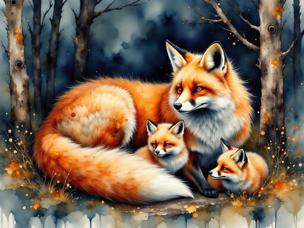 Fox Family Portrait in Klimt-Inspired Watercolor Style