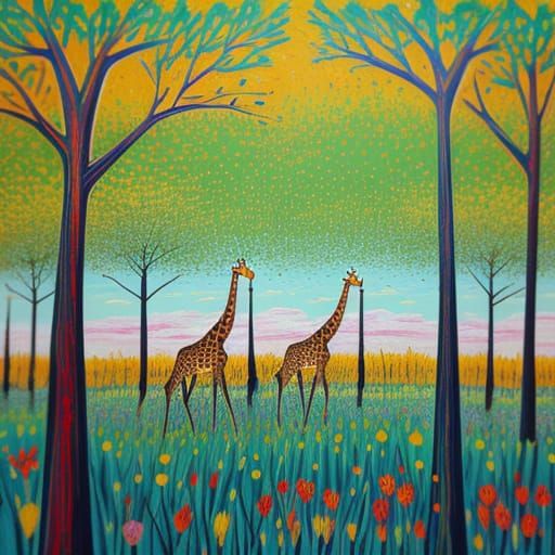 Giraffes Grazing in Expressionist Abstract Art