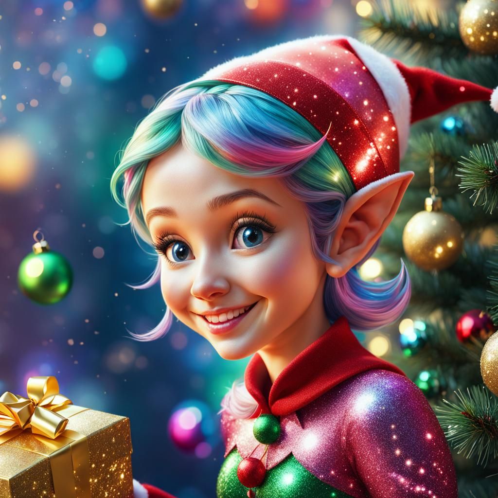 Smiling Christmas Elf with Glitter Tree: Hyperrealistic Art