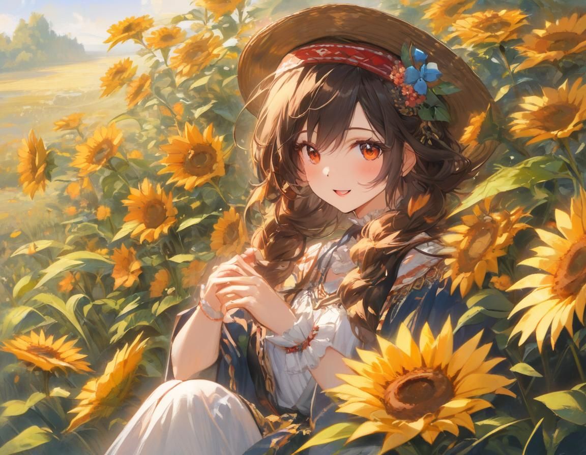 Sunflower Maiden in Anime Style with Painterly Shading