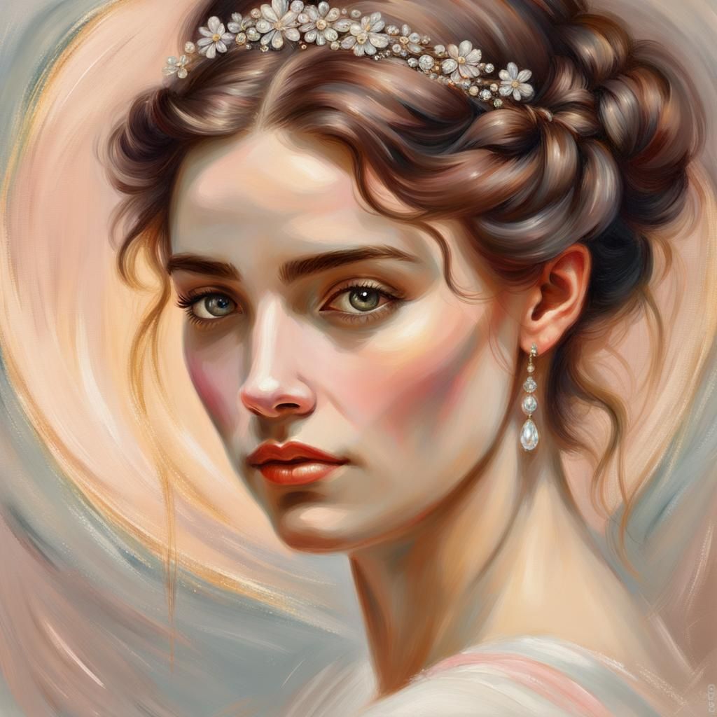 Delicate Oil Painting Portrait of a Young Lady in Luxurious...