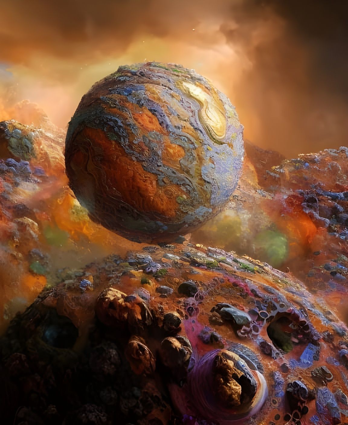 Polychromatic Orb Spiraling Through Lava Storm