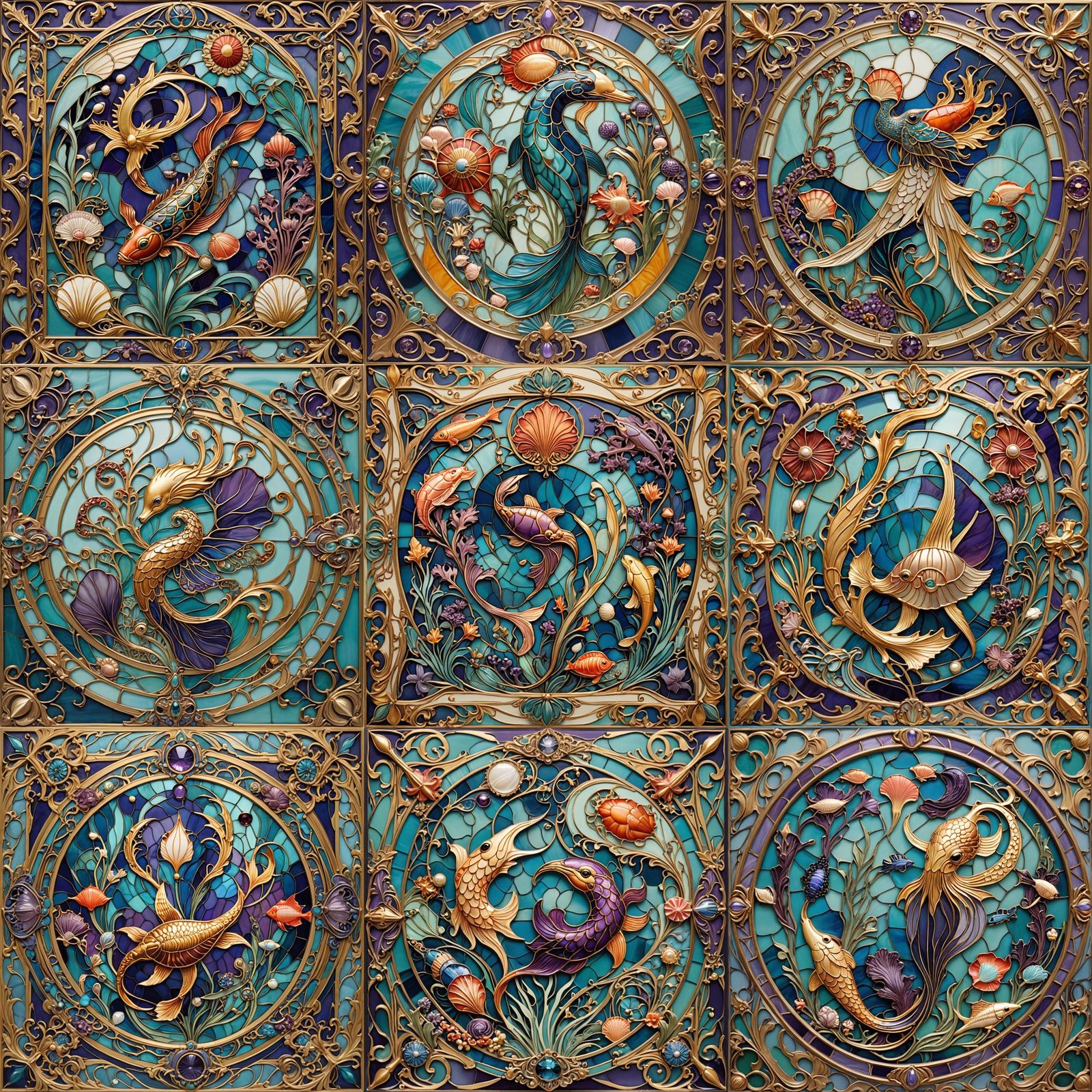 Art Deco Sea Creatures in Stained Glass Style