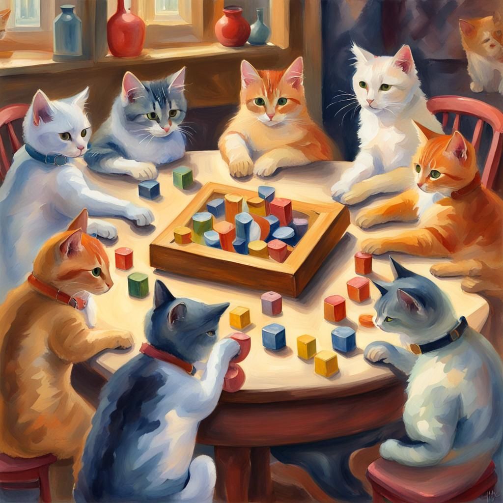Cats Play Dreidel: Impressionist Gouache Watercolor Painting