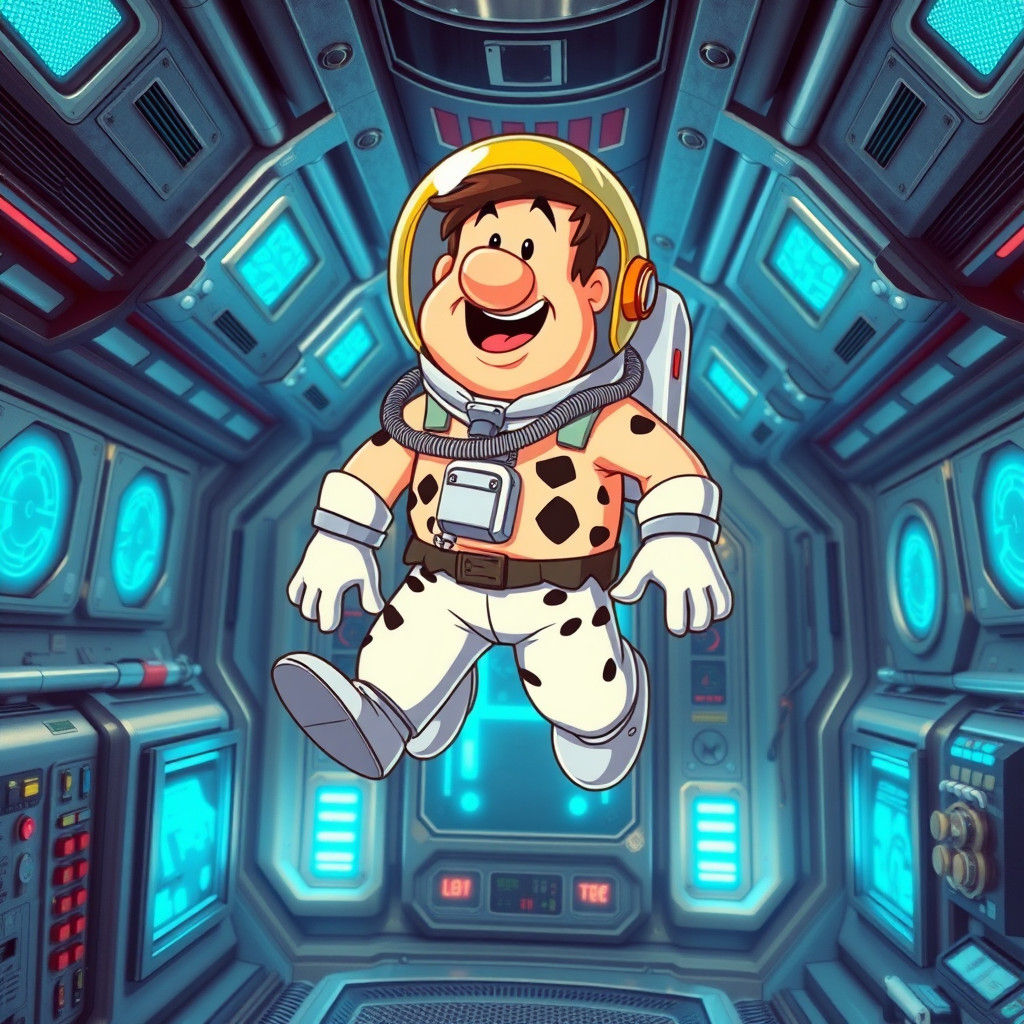 Cartoon Man in Spacesuit in Futuristic Station