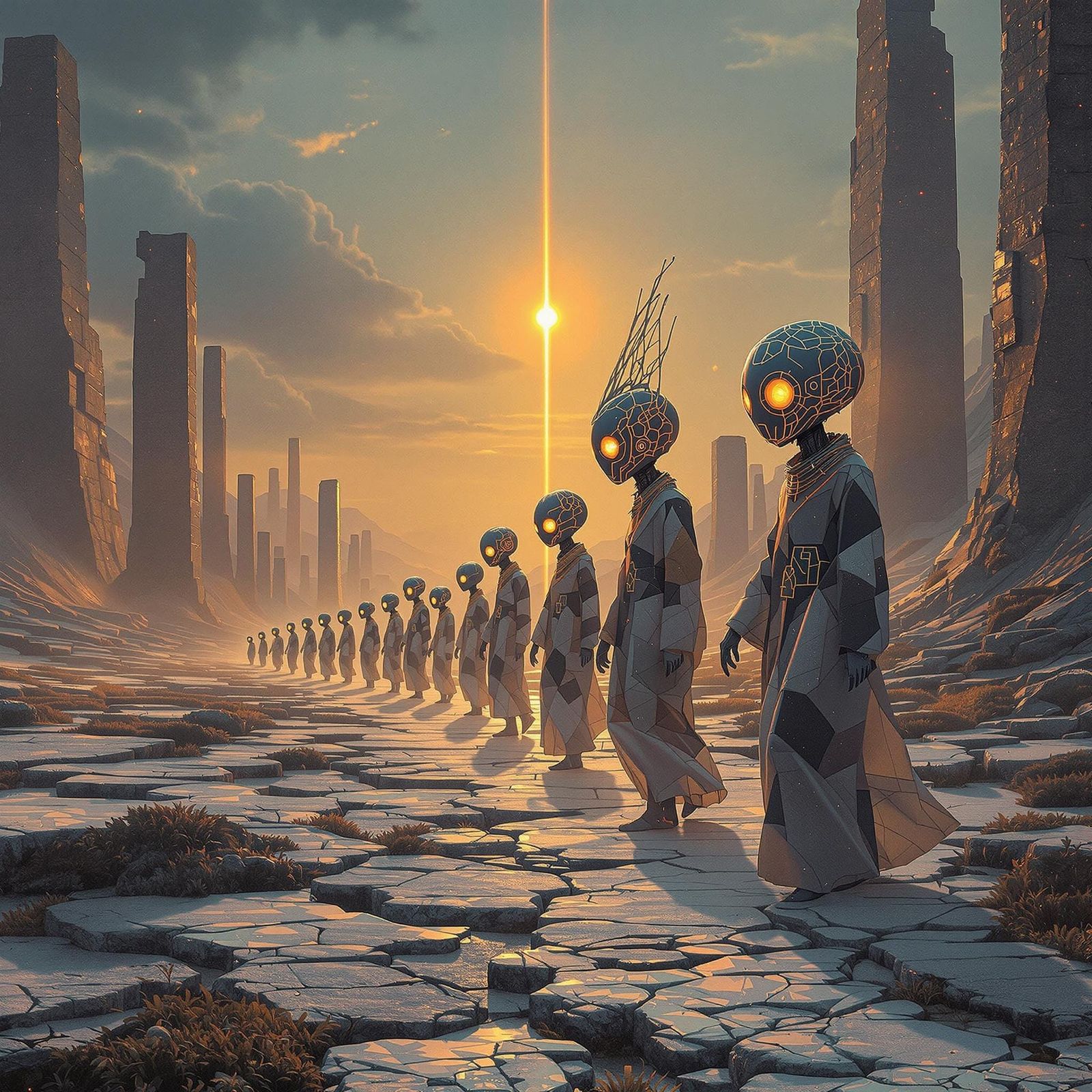 Glowing Sci-Fi Pilgrims in Retrofuturistic Barbed Wire Lands...