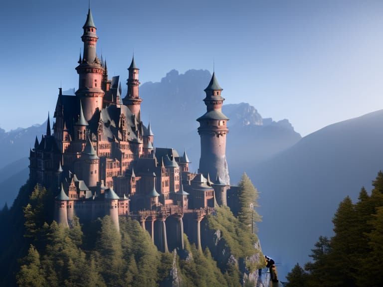 large bavarian castle set on a mountain shrouded in mist detailed matte painting, deep color, fantastical, intricate det...