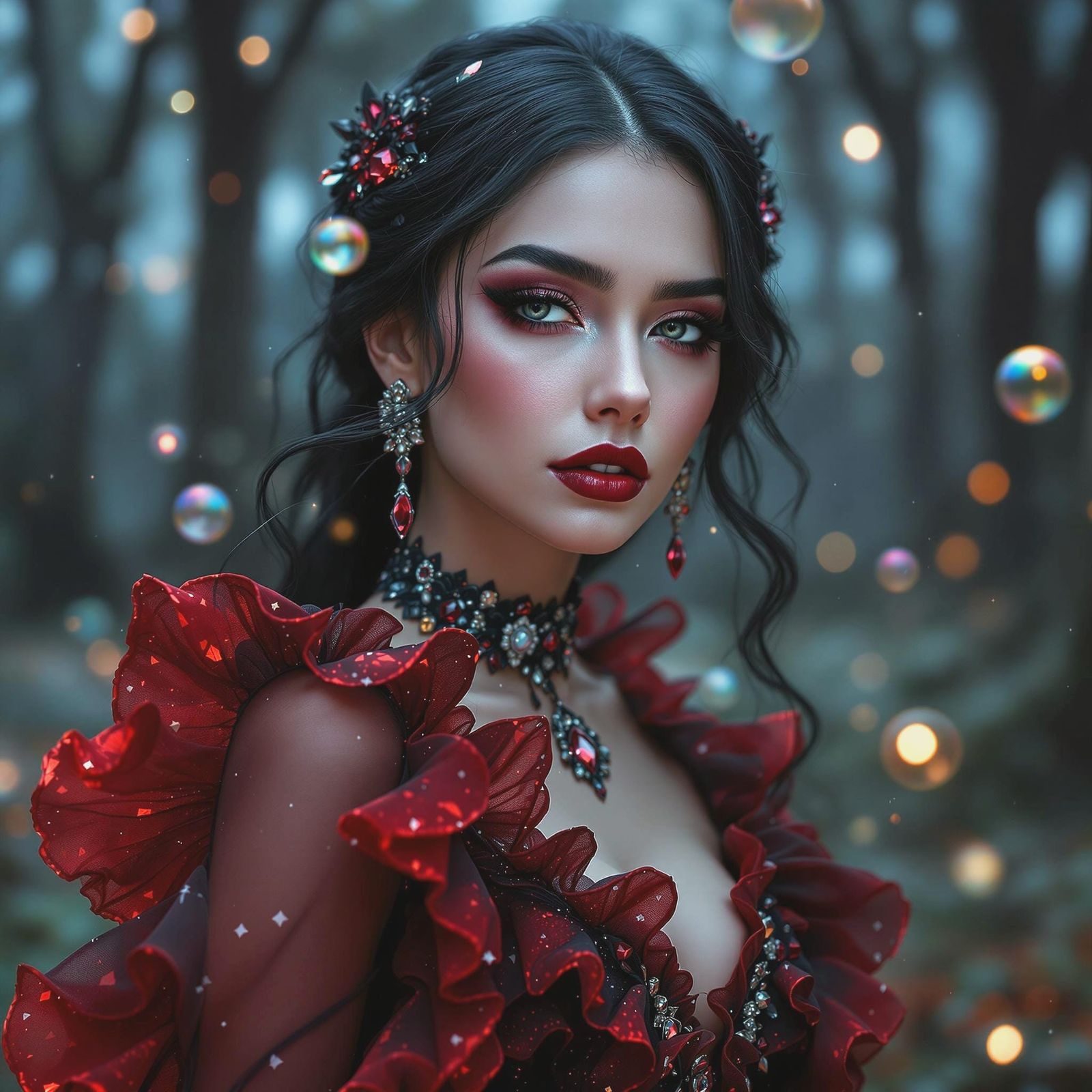 Gothic Beauty Radiates Elegance in Velvet Ruffles and Gemsto...