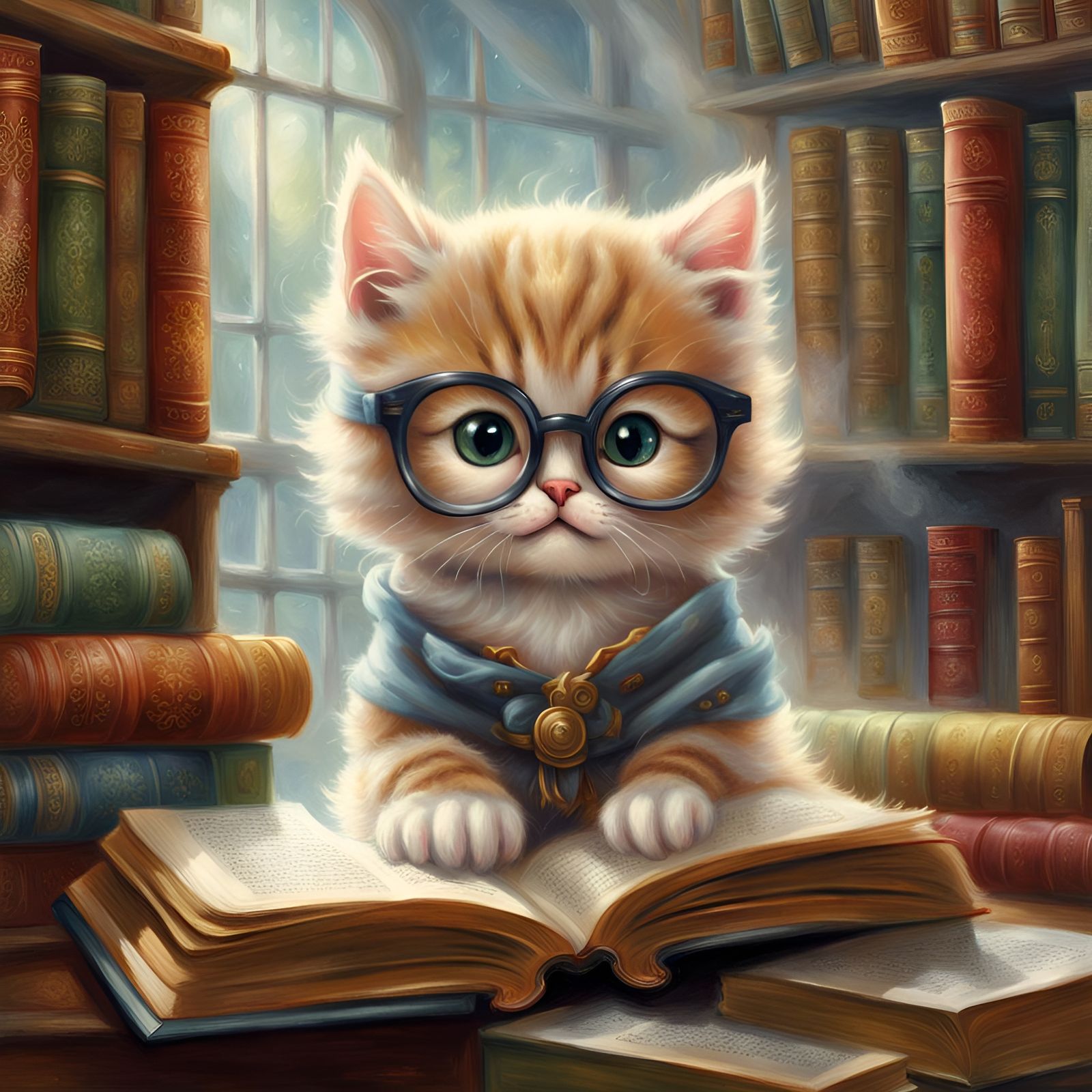 Kitten Reads Book in Library, Fantasy Art