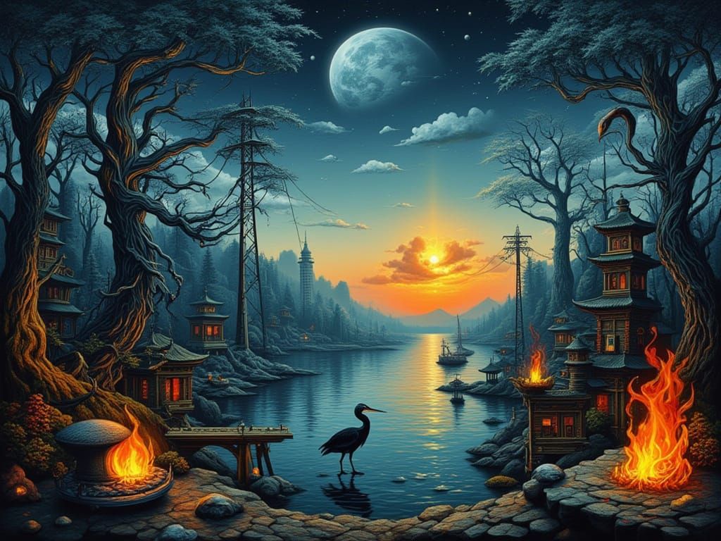 Surreal Paper Heron in Zen Garden with Nixie Tube Virus