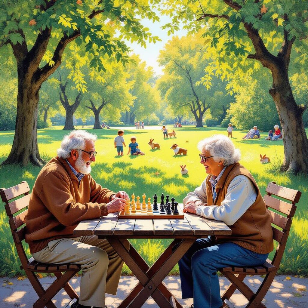 Elderly Friends Play Chess in Sunlit Park